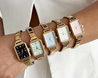 Personalized Italian Charm Bracelet Watch for Women – Gold Link Square Dial, Customizable Y2K Jewelry