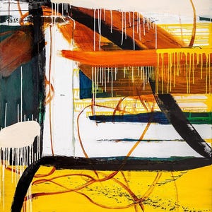 May include: Abstract painting with a vibrant color palette. The artwork features bold brushstrokes in yellow, orange, black, and white, with drips and lines creating a dynamic composition. The word "VIDA" is visible in the lower left corner.