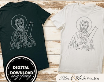 May include: Two t-shirts, one black and one white, with a line drawing of a saint holding a saw. The text "Digital Download svg/png" is on the black shirt and "Black & White Vector" is on the white shirt.