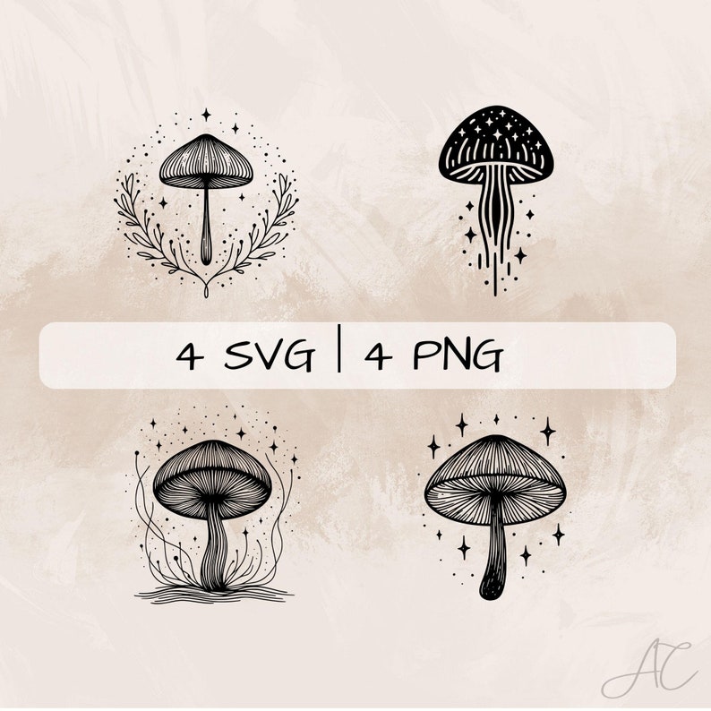 Mushroom SVG Bundle, Magic Mushroom PNG , celestial Mushroom Clipart, Hand drawn Mushroom pictures for print and engraving image 1