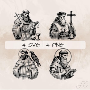 May include: Four black and white illustrations of saints. Each saint is depicted in a different pose, holding a cross, a book, or a raven. The illustrations are in a vintage style.