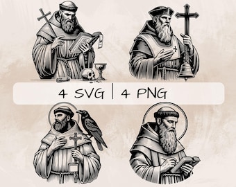 St Benedict SVG Bundle, Saint Benedict PNG, St Benedict and Raven Clipart, Hand drawn St Benedict pictures for print and engraving
