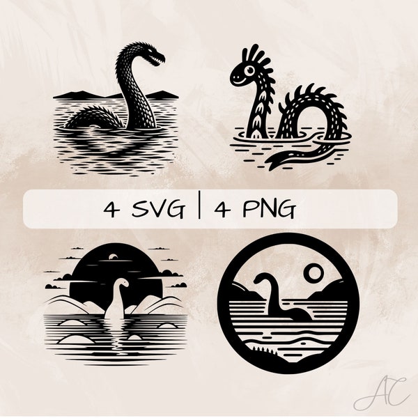 Loch Ness Monster SVG bundle, Loch Ness PNG, Lake Monster Clipart, Hand drawn Loch Ness Monster  pictures for print and engraving