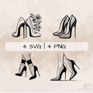 May include: Four black and white illustrations of high heeled shoes. Two illustrations feature a pair of shoes with a floral design. The other two illustrations feature a pair of shoes with legs and stockings.