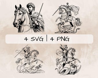 Saint George SVG Bundle, St George and Dragon PNG, St George and Horse Clipart, Hand drawn St George pictures for print and engraving