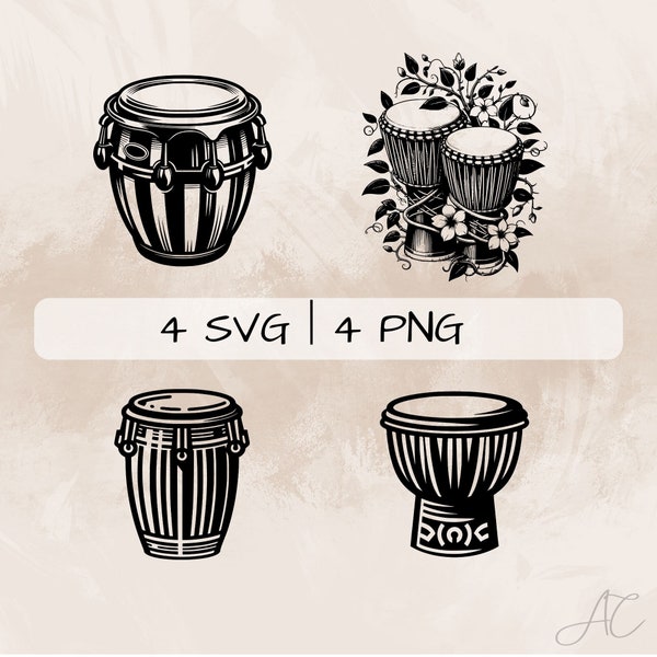 Drums SVG bundle, Bongo Drum PNG, African Drum Clipart, Hand drawn Drums pictures for print and engraving