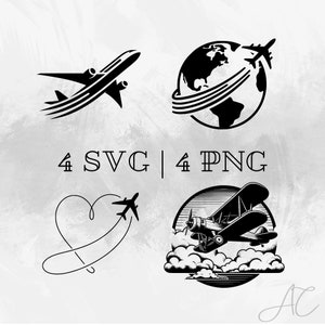 May include: Four black and white vector illustrations of airplanes. The first image shows a plane flying over a globe. The second image shows a plane flying in a heart shape. The third image shows a plane flying over clouds. The fourth image shows a vintage plane flying over clouds.