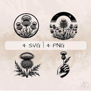 May include: Four black and white illustrations of a thistle flower. One illustration shows a single thistle flower in a hand, another shows a single thistle flower, and the other two show a thistle flower in a circle with a landscape background.