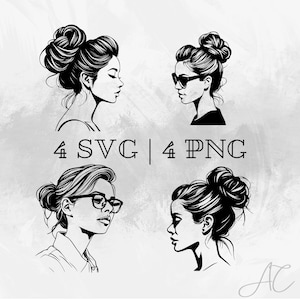 メッシー バン SVG バンドル、PNG、女性の髪のベクター、ヘア バン クリップアート、印刷および彫刻用の手描きのメッシー バン画像