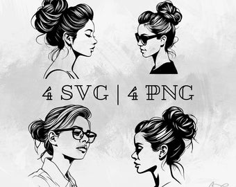 Pacchetto SVG di panino disordinato, PNG, vettore di capelli di donna, clipart di panino di capelli, immagini di panino disordinato disegnate a mano per la stampa e l'incisione