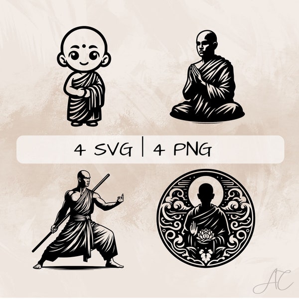 Monk SVG bundle, Cute Monk PNG, Monk Meditating Clipart , Hand drawn Monk pictures for print and engraving