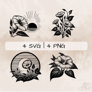 Morning Glory SVG bundle, Morning Glory and Sunrise PNG, Morning Glory and Sunset, Hand drawn Morning Glory pictures for print and engraving
