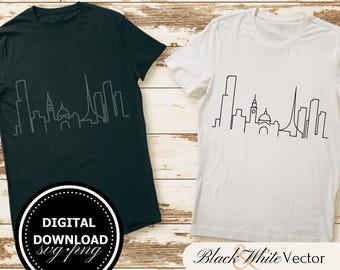 May include: Two t-shirts, one black and one white, each displaying a minimalist skyline design in a thin, light gray line. The black shirt has a circular graphic that says "DIGITAL DOWNLOAD svg.png". The white shirt has the text "Black & White Vector".