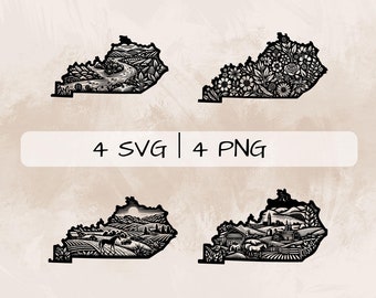 Kentucky SVG Bundle, Kentucky Map PNG ,Kentucky Outline Clipart, Hand drawn Kentucky pictures for print and engraving