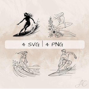 Surfing SVG Bundle, Surfer PNG , Female Surfing Clipart, Hand drawn Surfing pictures for print and engraving