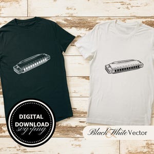 May include: Two t-shirts, one black and one white, with a graphic of a harmonica on the front. The text "DIGITAL DOWNLOAD svg/png" is on the black t-shirt. The text "Black & White Vector" is on the white t-shirt.