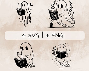 Ghost and Book SVG, Ghost Reading Book PNG, Reading Clipart, Halloween, Hand drawn Ghost and Book pictures for print and engraving