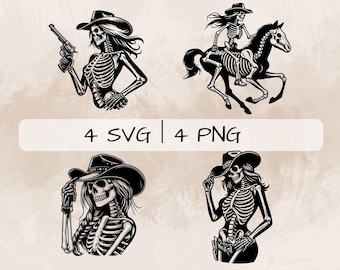 Skeleton Cowgirl SVG Bundle, Cowgirl PNG, Skeleton Clipart, Hand drawn Skeleton Cowgirl pictures for print and engraving