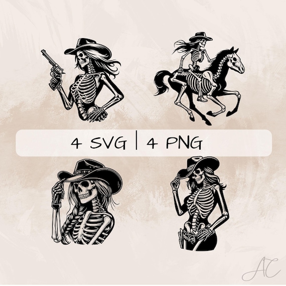 Skeleton Cowgirl SVG Bundle, Cowgirl PNG, Skeleton Clipart, Hand drawn Skeleton Cowgirl pictures for print and engraving