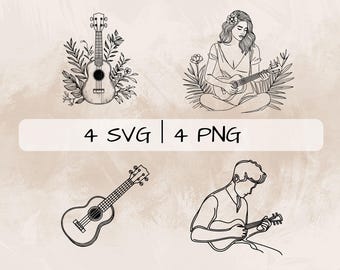 Delicate Ukulele SVG Bundle, Ukulele Line Art PNG, Ukulele Playre Clipart, Hand drawn Floral Ukulele pictures for print and engraving