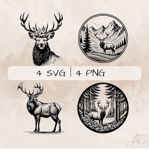 Elk SVG bundle, Elk in the forest PNG, Elk with mountains Clipart, Hand drawn Elk  pictures for print and engraving