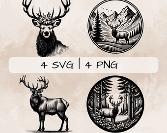 Elk SVG bundle, Elk in the forest PNG, Elk with mountains Clipart, Hand drawn Elk  pictures for print and engraving