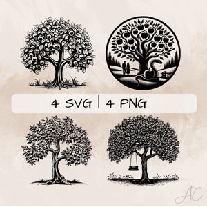 May include: Four black and white illustrations of apple trees. The first image shows a tree with apples and a snake. The second image shows a tree with apples and a couple standing in front of it. The third image shows a tree with apples. The fourth image shows a tree with apples and a swing.