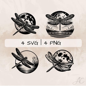 May include: Four black and white illustrations of dragonflies with a moon and water scene. The dragonflies are in different positions and the moon is in different phases. The text "4 SVG | 4 PNG" is at the bottom of the image.
