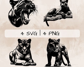 Panther SVG bundle, Black Jaguar PNG, Panther Roaring Clipart, Hand drawn Panther pictures for print and engraving