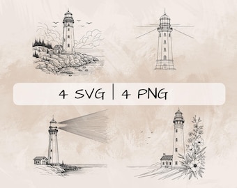 Paquete SVG de faro, PNG de faro, Clipart de faro, Imágenes de faro dibujadas a mano para imprimir y grabar