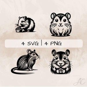 May include: Four black and white illustrations of gerbils. Two gerbils are eating from bowls, one is sitting up, and one is standing. The illustrations are in a simple, stylized design.