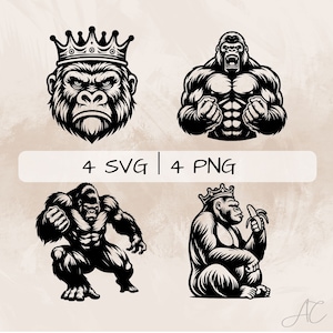 Gorilla SVG bundle, Gorilla with banana PNG, Gorilla with crown clipart , Hand drawn Gorilla pictures for print and engraving