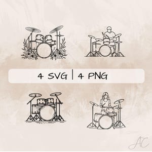 May include: Four black and white line drawings of drum kits. Two of the drawings feature a person playing the drums. The text "4 SVG | 4 PNG" is at the top of the image.