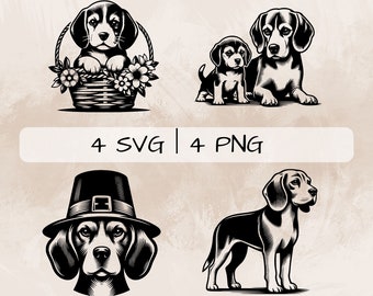 Beagle SVG bundle, Beagle puppy PNG, Beagle with hat Clipart, Hand drawn Beagle pictures for print and engraving
