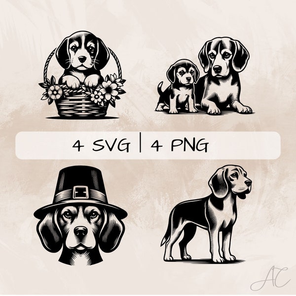 Beagle SVG bundle, Beagle puppy PNG, Beagle with hat Clipart, Hand drawn Beagle pictures for print and engraving