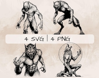 May include: Four black and white illustrations of werewolves in various poses. The images include a werewolf standing, crouching, and howling at the moon. Text on the image reads "4 SVG | 4 PNG".