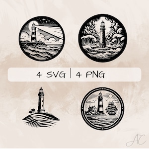 May include: Four black and white lighthouse designs in circular frames. One shows a lighthouse with a beam of light, another with waves, a third on a hill, and the last with a ship and house. The text "4 SVG | 4 PNG" is in the center.