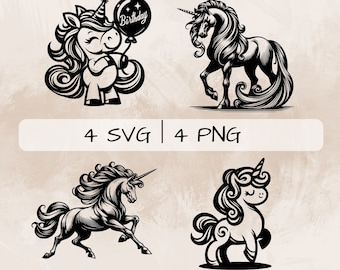 Könnte beinhalten: Vier Schwarzweiß-Illustrationen von Einhörnern. Ein Einhorn hält einen Ballon, auf dem "Birthday" steht. Ein anderes Einhorn steht mit erhobenem Kopf. Das dritte Einhorn rennt. Das vierte Einhorn steht mit geneigtem Kopf.