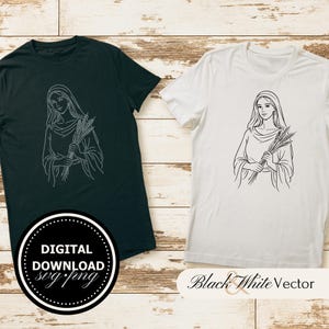May include: Two t-shirts, one black and one white, each featuring a line drawing of a woman holding wheat. The black shirt has a circular graphic that says "DIGITAL DOWNLOAD svg.png". The white shirt has the text "Black & White Vector".