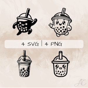 May include: Four black and white illustrations of bubble tea. Two illustrations feature a cartoon bubble tea with arms and legs. The other two illustrations feature a bubble tea with a straw and lid.