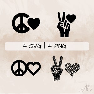 Paquete SVG de paz y amor, PNG de paz, imágenes prediseñadas de amor, imágenes de paz y amor dibujadas a mano para imprimir y grabar
