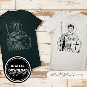 Pode incluir: Duas camisetas, uma verde escuro e outra branca, cada uma com uma ilustração em preto e branco de uma figura segurando uma lança e um escudo com uma cruz. A camiseta verde escuro tem um gráfico circular "DIGITAL DOWNLOAD svg.png". A camiseta branca tem o texto "Black & White Vector".