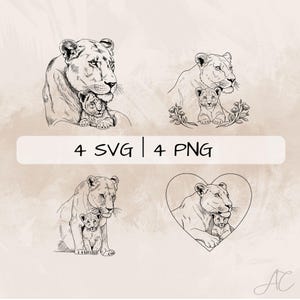 Lioness SVG Bundle, Lion Cub PNG , Lioness and Cub Clipart, Hand drawn Lioness pictures for print and engraving