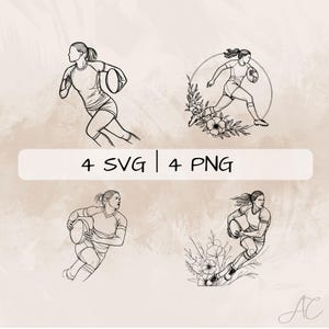Paquete SVG de rugby delicado, arte lineal de niña de rugby PNG, imágenes prediseñadas de mujer de rugby, imágenes de mujer de rugby dibujadas a mano con flores para imprimir y grabar
