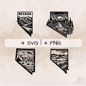 Nevada SVG Bundle, Nevada contour PNG, carte de l'État du Nevada, images Nevada dessinées à la main pour impression et gravure