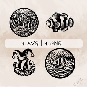 Clownfish SVG bundle, Clown Fish with Hat PNG, Clown Fish in sea Clipart, Hand drawn Clownfish pictures for print and engraving
