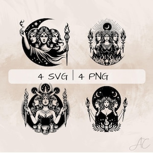 May include: Four black and white illustrations of a triple goddess figure with three faces, each holding a torch. The figures are surrounded by various symbols, including moons, stars, flames, and candles. The text "4 SVG | 4 PNG" is displayed below the images.