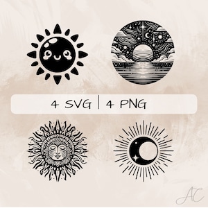 Könnte beinhalten: Satz mit vier Schwarzweiß-Illustrationen von Sonne und Mond. Die Illustrationen beinhalten eine Cartoon-Sonne mit einem lächelnden Gesicht, eine detaillierte Sonne mit einem Gesicht, eine einfache Sonne mit Strahlen und eine Sichelmond mit einem Stern.