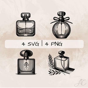 May include: Four black and white illustrations of perfume bottles. The bottles are in different styles, with some having a more vintage look and others having a more modern look. The illustrations are simple and elegant, and they would be perfect for use in a variety of projects.