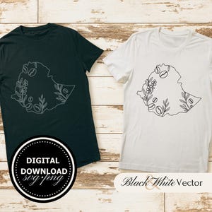 May include: Two t-shirts, one black and one white, with a line drawing of the outline of Ethiopia with coffee beans and leaves inside. The text "Digital Download svg/png" is on the black shirt and "Black & White Vector" is on the white shirt.